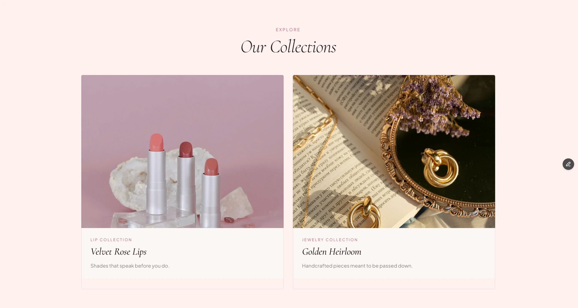 Lumière 'Our Collections' section showing the Lip Collection and Jewelry Collection product photography cards