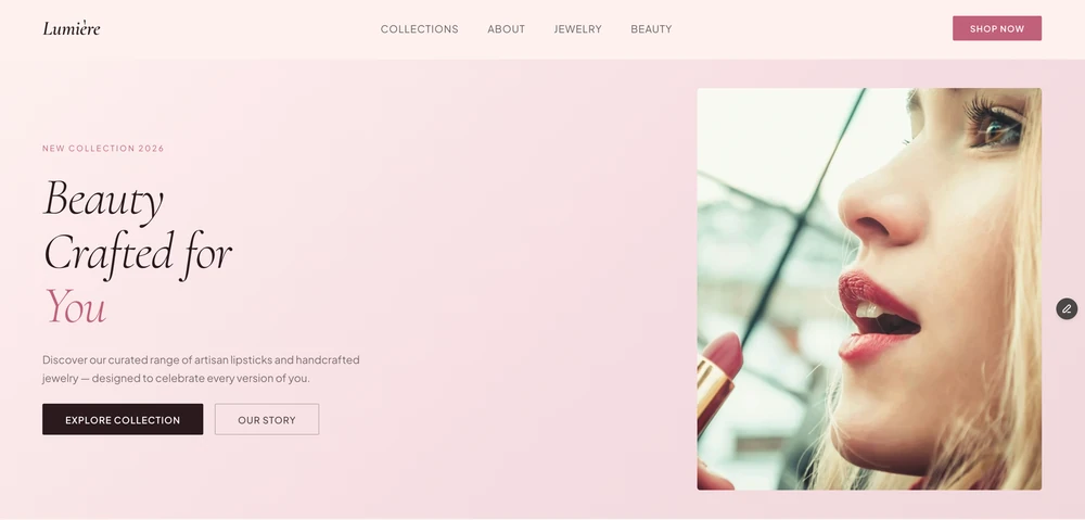 Lumière landing page with a Beauty Crafted for You headline and lifestyle photo